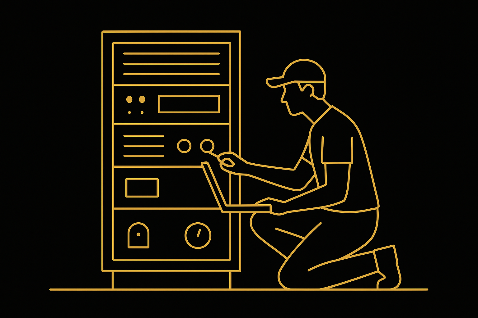 an illustration of an eningeer perfoming maintenance on a smart home system